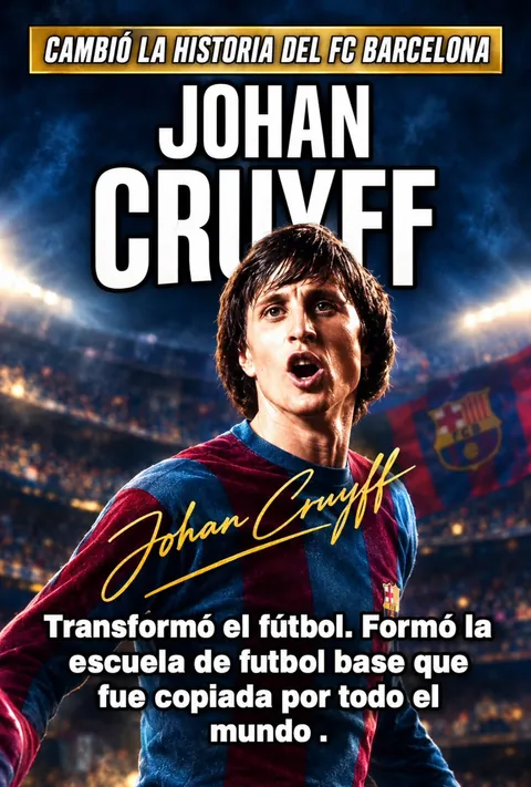 Póster de Johan Cruyff con la camiseta del FC Barcelona: «Cambió la historia del FC Barcelona. Transformó el fútbol. Formó la escuela de fútbol base que fue copiada por todo el mundo.»